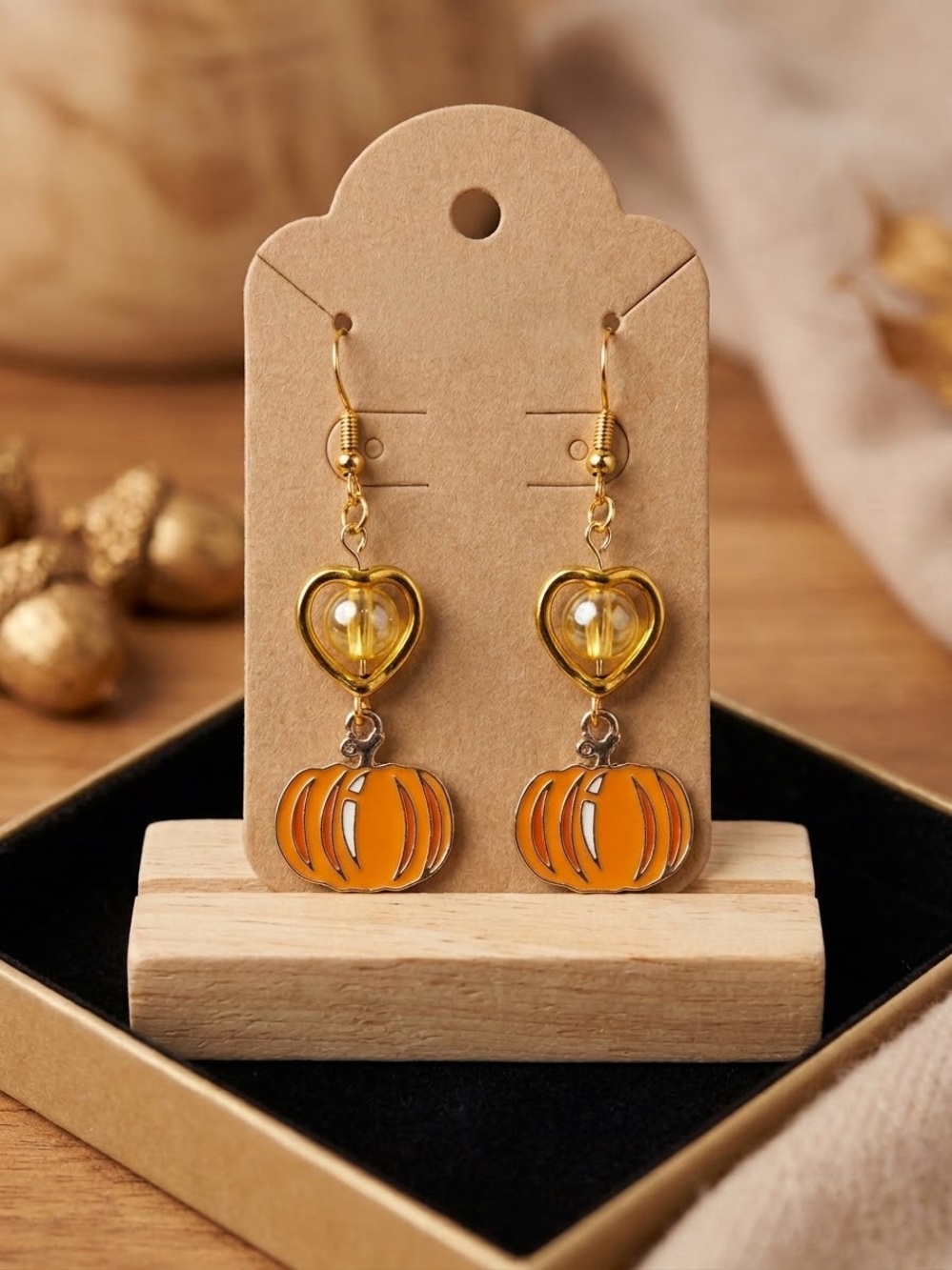 Gold-Tone Heart & Orange Pumpkin Drop Earrings - Women's Jewelry